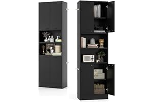 KOMFOTTEU Aparador de Cocina con 2 Armarios con Puertas y Estantes Abiertos, Armario Alto de 6 Niveles con Dispositivo Antivuelco, Mueble de Almacenamiento para Salón, 56 x 30 x 190 cm (Negro)