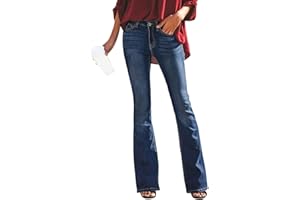 Petalum Women Flared Jeans Bootcut Trousers Solid Color Fashion Slim Fit High Waist Stretch Skinny Denim Pants with Holes