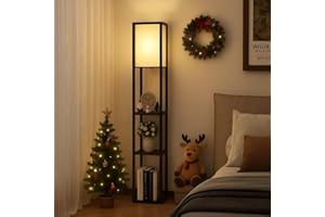YU YUSING Lampadaire sur Pied Salon, Design Lampadaire Chambre avec 3 Etagères Douille E27, Lampe Salon en Bois MDF avec Abat-Jour, 1.6M Lampe sur Pied de Lecture Bureau, Noir