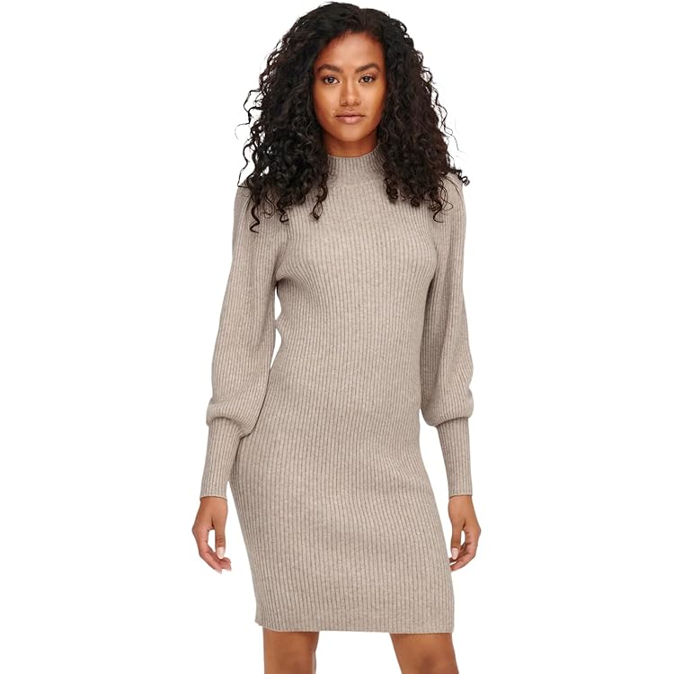 Zeagoo Trui-jurk voor dames, rolkraag, lange mouwen, gebreide jurk, elegante winterjurk, bodycon, sweaterjurk, Wit, L