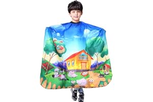 Barn frisyr cape tecknat tryck hårklippningscape frisörkappa frisörförkläde kappa halsduk med justerbar snäppstängning vattentät (Happy Farm), blå, M