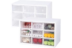 RUCUDIM Zestaw 2 pudełek do majsterkowania, do przechowywania szuflad, organizer na biurko z 9 szufladami, mini wyjmowane, przezroczyste i białe pudełko z szufladami, na artykuły biurowe i akcesoria