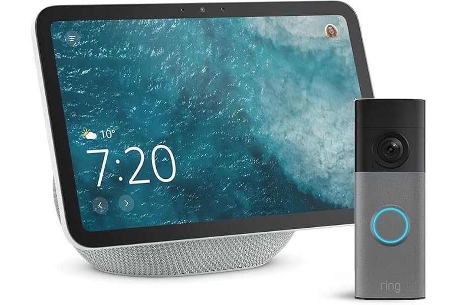 Amazon Echo Show 8 (neueste Gen.), Weiß + Ring Akku-Videotürklingel (neueste Gen.), Gesprenkeltes Grau, Besucher auf dem