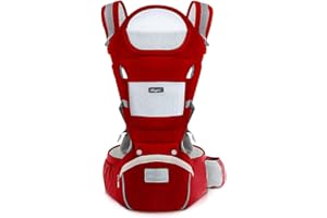 SONARIN Marsupio Ergonomico con Sedile Anca/Puro Cotone, Poggiatesta, Multiposizione: Dorsale, Ventrale, Regolabile per Neonato e Bambino da 0 a 36 mesi (fino a 30 kg) Rosso