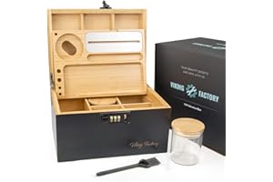 Viking Factory® Large Lockable Bamboo Storage Box with Combination Lock, Decorative Organizer for Jewelry, Medicine & Tools, Includes Tray, Glass Jars & Accessories