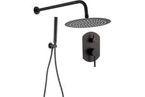 VALAZ Doccia Incasso Nero Opaco | Miscelatore Doccia Incasso Spruzzatore Effetto Pioggia | Installazione a Parete Facile | Inossidabile, Rotondo, Spruzzatore 20 cm, Serie Duero