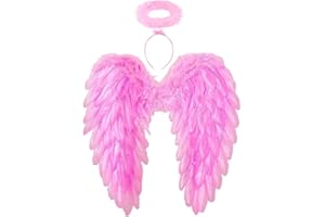 Winwild Ali d'Angelo con Aureola, Costume Ali d'Angelo e Diavolo per Donne e Ragazze Bambini per Halloween Carnevale Cosplay Festa in Maschera Travestimento (Rosa, 45 x 45 cm)