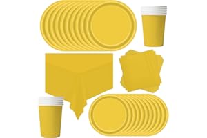 POPOYU Stoviglie per Feste di Compleanno Gialla,69 Pezzi Stoviglie Carta Set,Piatti di Carta Tovaglioli Tazze di Carta Stoviglie Tovaglia per Compleanni,Matrimoni,Decorazioni Natalizie (16 Ospiti)