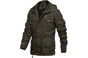 EKLENTSON Men's Cotton Military Jacket Winter Fleece Coats Full Zip Warm Thick Multi Pocket Outwear with Removable Hood