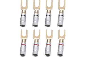 Greluma 8 Pièces 24K or Y Plug U fourche fiche banane 45 degrés vis pelle connecteur pour haut-parleur fil bricolage, résistant à la corrosion, 4 noir et 4 rouge