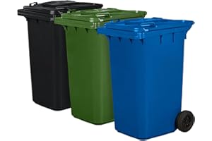 IMJ-GLOBAL Juego de 3 cubos de basura para basura PN-EN 840, de 240 litros, con ruedas, sistema de enganche para extracción mecánica, de plástico, negro, verde, azul