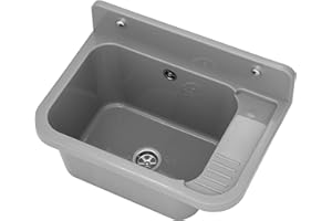 Granitan Ausgussbecken für Garage Keller Werkstatt und Waschküche - Universal Waschtrog Set mit Siphon - Waschbecken mit Abtropfschale Wandmontage aus Polypropylen - 50x34x31 cm - Grau - Figo