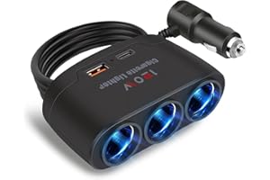 SUNNIFLY 5 en 1 Adaptador Mechero Coche a Enchufe, 120W Cargador Coche con 3 Puertos Mechero+1 Puerto USB+1 Conector PD para Coches 12V/24V
