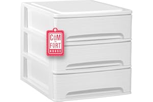 COM-FORT HOUSE Cajonera Plástico 3 Cajones Diseño Lineas Blanco - Organizador de Escritorio, Mini Cajonera para Papeles y Material de Oficina, Organizador de Documentos 355 x 265 x 265 mm