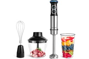 1500W Frullatore a Immersione, Kolohoso 4 in 1 Blender in Acciaio Inox, Multifunzione Mixer Immersione 21 Velocità Regolabili, Frullatore con Frusta, 800ml Misurino un 600ml Tritatutto, senza BPA