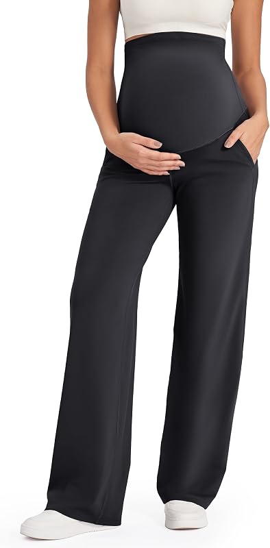 G4Free Maternity Trousers Over Bump Stretchy Pregnancy Yoga Pants Lounge Wide Leg Dress Work Trousers with Pockets Petite/Regular/Tall