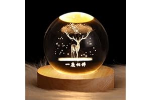 belupai Crystal Ball Night Light, Clear 3D Carved Solar System Crystal Ball with Wood Base LED Light, Table Ornaments, Gift for Kids Friends (Deer)
