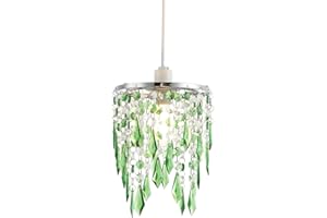 Modern Waterfall Design Easy Fit Pendant Shade with Clear/Emerald Green Acrylic Droplets and Beads - Chrome Metal Ring - 16cm Diameter by Happy Homewares