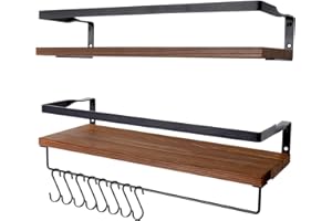AGM Floating Shelves Wall Mounted Shelf, Wooden Wall Shelves Racking Set of 2 for Bedroom, Bathroom, Living Room, Kitchen Storage w/ 1 Towel Bar and 8 S-Hooks, Max Load 33lbs