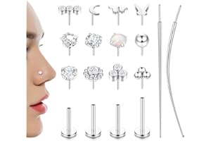 JeweBella Piercing Naso Acciaio Chirurgico per Donna Oro Placcato 14K Piercing Orecchio Set Push in Orecchini Piatti CZ Piercing Trago Helix Labret 20G 18G 16G