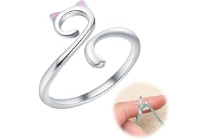 Irikdescia Anillo de ganchillo, anillo de punto trenzado, ajustable con orejas de gato rosas, anillo abierto, anillo de punto de ganchillo, anillo trenzado para los amantes del ganchillo (plata)