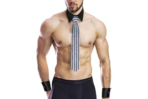 Funhoo Stripper Costume de Stripteaseur Danseur Masculin Stripteaser Uniforme de Serveur Manchettes Cravate à Rayures Verticales Sexy Nœud Papillon Accessoires Soirée pour Hommes