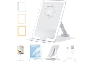 SHEDALED Travel Makeup Mirror with Light, Portable Folding Make Up Tabletop Mirror with 3 Colors Light Modes & 10X Magnifying Mirror, Rechargable Vanity Mirror with Adjustable Stand