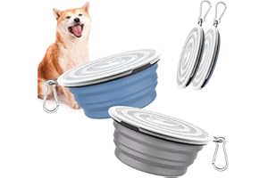 Pawaboo Faltbar Hundenapf, 2 Stück 450ml Hund Reisenäpfe Tragbar Silikon Auslaufsicher Trinknapf Fressnapf mit Deckel und Karabiner für Hunde Katzen Spaziergänge Unterwegs, Blau + Grau