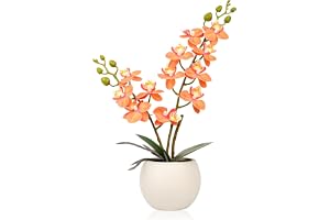 Olrla Konstgjord orkidé med orangefärgade blommor i vit kruka, Real Touch Faux-Phalaenopsis orkidé för dekoration för bröllop