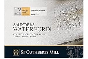 SAUNDERS WATER FORD SERIES ST CUTHBERTS MILL Saunders Waterford, Papel de acuarela para bellas artes, Prensado en frío (NO), 300gsm, Bloc pegado por los 4 lados, 12x9, Blanco, 12 hojas