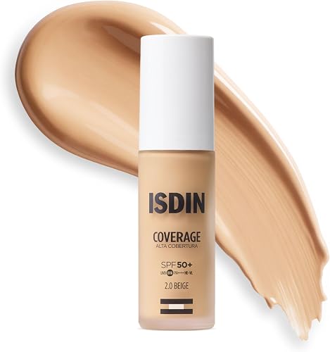 ISDIN Coverage SPF 50, Base de maquillaje con muy alta protección solar, acabado natural, acción antiedad, reduce arrugas y l