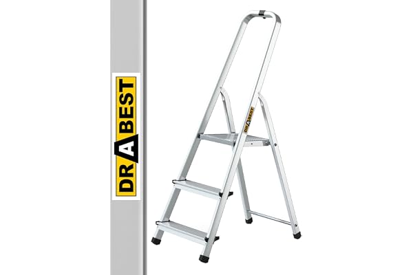 Drabest Aluminium 3-Stegs Hushållsstege 125kg Kapacitet - Stegstege med Säkerhetsskena & Arbetsstegeplattform – Stegar Multifunktion – Stegstegar 3 Steg – 40 X 121 X 12 Cm