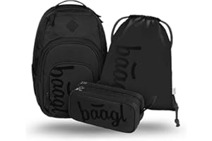 Baagl Schulrucksack Set 3 Teilig, Ergonomischer Großer Rucksack mit Kühlfach für Jungen Mädchen Teenager, Grundschule Ranzen mit Brustgurt und Laptopfach, Daypack 35 l (Black)