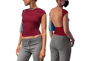 HAOLEI Haut Dos Nu Femme Manche Courte T-Shirt d'été Tops Dos Nu Y2k Crop Top Sexy Backless T-Shirt Ajusté Slim Fit Haut Chic Décontractée Col Rond Couleur Unie Portable Devant et Derrière