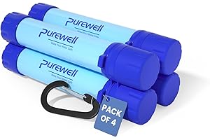 Purewell Paille Filtrante à Eau Survival - Filtre Portable 0.01 Micron Élimine 99.99% Bactéries - Avec Mousqueton - Pour Randonnée Camping Urgence - Durée de Vie 1500L Sans BPA