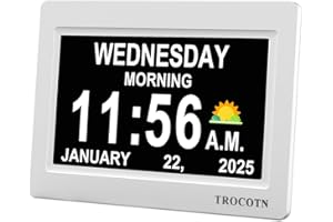TROCOTN Zegar z demencją, zegar cyfrowy z datą i dniem dla osób starszych, alzheimera zegar dzienny duży wyświetlacz kalendarz zegar (7 Cale Biały)