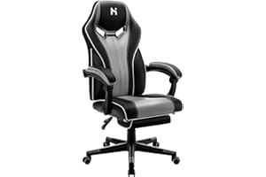 HLFURNIEU Chaise Gaming Ergonomie, Fauteuil Gamer avec Hauteur Réglable, Siege Gaming Repose-Pieds Télescopique, Fauteuil de Bureau avec Dossier Réglable, Noir et Gris