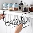 HEXAR® Under Shelf Basket, Multifunctional Metal Cabinet Storage Basket with 4 Hooks Towel Holders Basket Organizer For Kitchen Pantry Closet, 33x28x20 CM (Black)