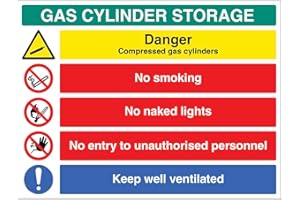 CALEDONIA SIGNS Gas cylinder storage: Danger compressed gas, no smoking, no naked flames, no entry to unauthorised personnel, keep well ventilated (semi rigid pvc safety sign)