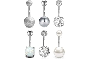 Longita 14G Stainless Steel Belly Bars Belly Button Rings Opal Pearl CZ Inlaid Belly Rings Navel Rings Bar 6mm 10mm for Women Belly Button Bar
