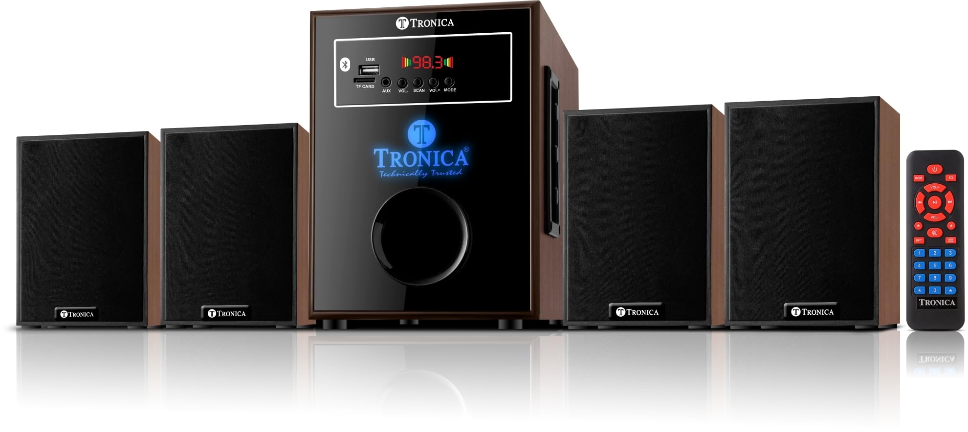 Elwood 4.1 Bluetooth Home Theatre System by TRONICA - 8mm Handcrafted Wood, Supports pendrive/Aux/Fm with Remote