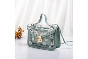 KLOP256 Damen-Schultertasche, leger, PU-Leder, mit abnehmbarer Tasche, für den täglichen Gebrauch, Gänseblümchen-Muster, transparent, kleine Tragetasche, Damen-Umhängetasche, Hion, Grün