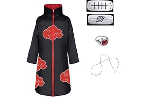 ACWOO Capa De Akatsuki Itachi, 5PCS Set Disfraz de Itachi Uchiha Cosplay, Abrigo Akatsuki con Diadema Accesorios Traje, Disfraz de Carnaval para adulto y niños, unisex, Halloween, Navidad, fiesta