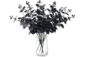 LAELFE Halloween Black Artificial Flower - Black Artificial Eucalyptus Stems Faux Eucalyptus Leaves Branches Aesthetic Table Halloween Decoration Gothic Bathroom Home Farmhouse Decor(6 Pcs,14in)
