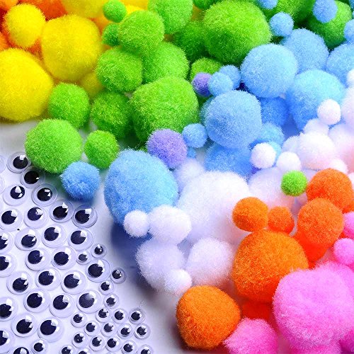 400 Stück 10-35 mm Bunte Mini Pompons Kinder zum Basteln toll Figuren und Dekoration mit 200 Stück runde Wiggle Glubschaugen Wackelaugen mit Selbstklebende - 3
