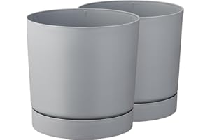 ‎TYMAR Tymar Blumentopf mit Untersetzer, 2er-Pack, dekorativer Pflanzentopf aus Kunststoff, Moderne, Runde Form, für Innenräume (ø 24 cm, (2pack) Grau)