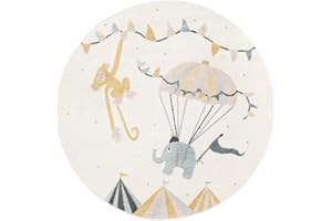 RugVista Monkey Circus Tapis Moderne, Ø 150 cm, Rond, Poil Moyen, Nettoyage à Sec, Salon, Salle de séjour, Chambre, Salle à Manger, Bleu/Off Blanc