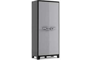 KETER Armoire Haute Utilitaire TITAN - Armoire en Résine Multifonctions - Étagères et Pieds Ajustables - Charnières metallique - IPX3 - Cuisine, Garage, Atelier - 80 x 44 x 182 cm - Noir/Gris