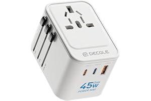 decqle Adaptador Enchufe Universal, Adaptador de Viaje con 2 USB-C(GaN 45W) y 1 USB-A, Adaptador Universal para EU, Reino Unido, Americano, Canadá, Australia& 224+País(Blanco)
