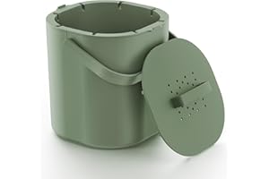 PTMS® Poubelle Compost Cuisine 6L - Seau à Compost avec Filtre à Charbon Actif et Couvercle à accrocher - composteur Cuisine Anti-Odeur, Lavable au Lave-Vaisselle, avec Grille intérieure